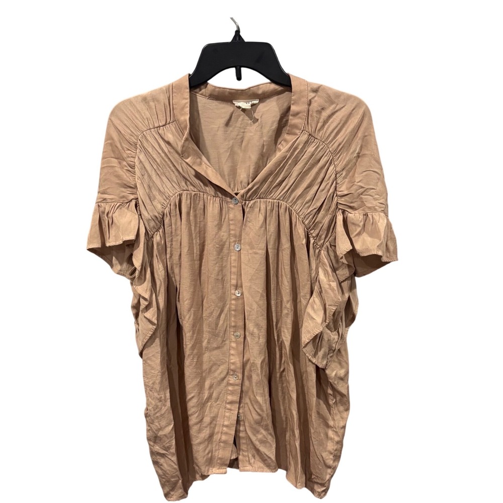 Lagenlook Tan Ruffle Sleeve Blouse Boho Cottagecore Flowy Button Up Rayon Medium